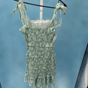 Women's Light Green Ruffle Strappy Mini Fit & Flare Dress Square Neck Floral S